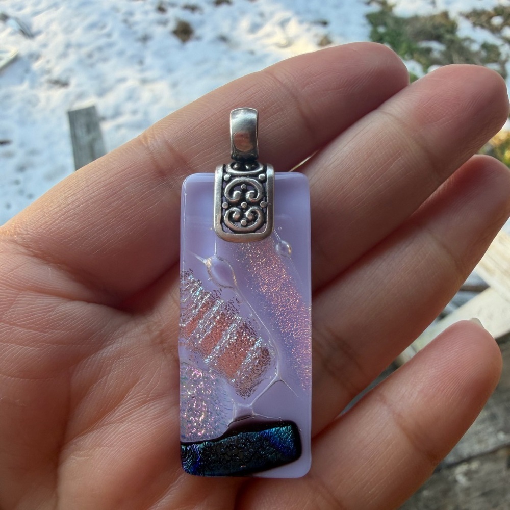 925 Sterling Silver Lavender and Black Glass Pendant Necklace